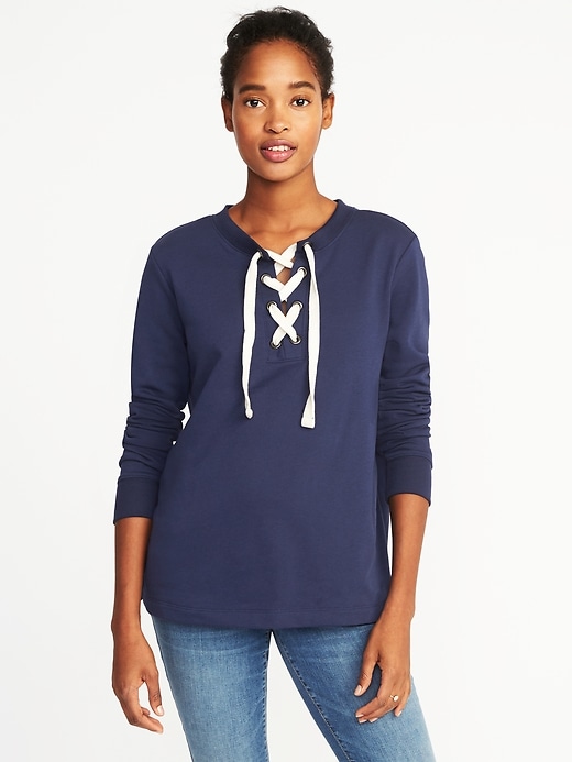 View large product image 1 of 1. Relaxed Lace-Up French-Terry Sweatshirt for Women