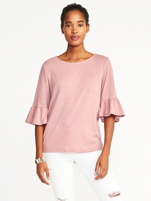 View large product image 1 of 1. Relaxed Crinkle-Jersey Bell-Sleeve Top for Women