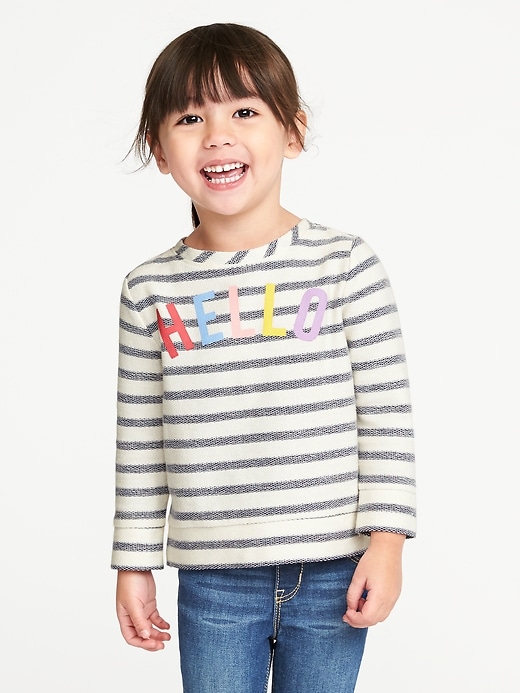 View large product image 1 of 4. "Hello" Reverse-Stripe French-Terry Sweatshirt for Toddler Girls
