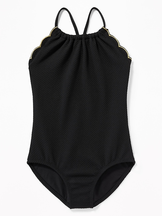 View large product image 1 of 2. High-Neck Textured-Jacquard Swimsuit for Girls