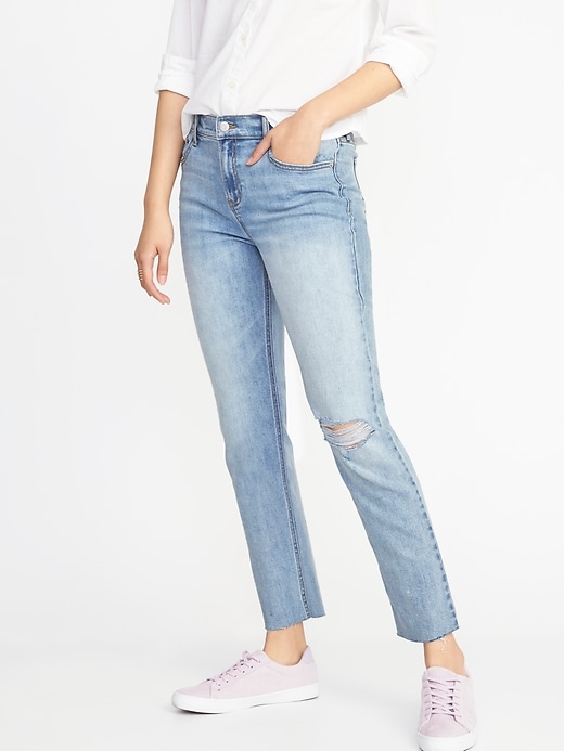 Image number 1 showing, Mid-Rise Distressed Straight Ankle Jeans for Women