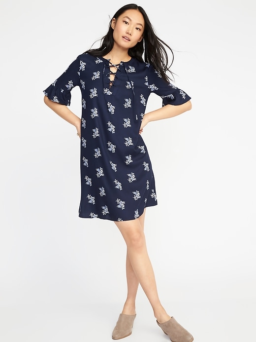 Image number 1 showing, Floral-Print Lace-Up-Yoke Shift Dress for Women