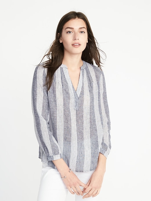 Image number 1 showing, Relaxed Linen-Blend Striped Top for Women