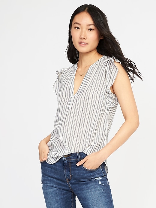 Image number 1 showing, Sleeveless Ruffle-Trim Linen-Blend Top for Women