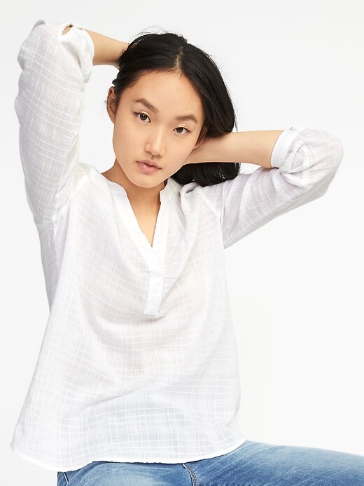 Image number 4 showing, Relaxed Dobby-Windowpane Popover Shirt for Women
