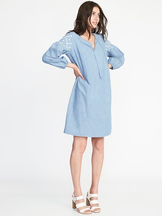 Image number 1 showing, Boho Tassel-Tie Chambray Shift Dress for Women