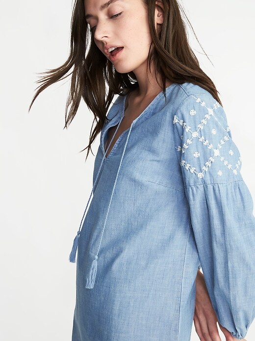 Image number 4 showing, Boho Tassel-Tie Chambray Shift Dress for Women