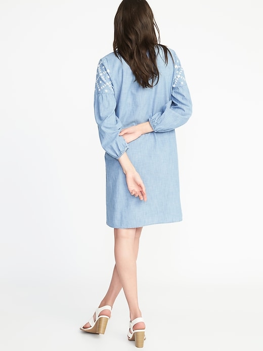 Image number 2 showing, Boho Tassel-Tie Chambray Shift Dress for Women