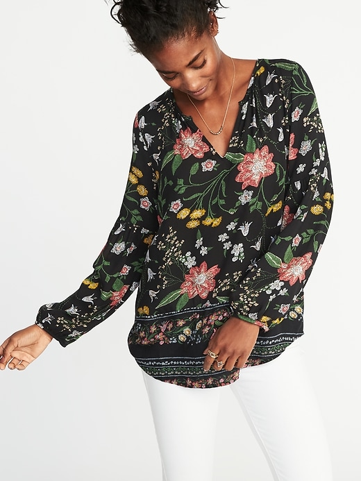 Image number 1 showing, Relaxed Floral-Printed Shirred Blouse for Women