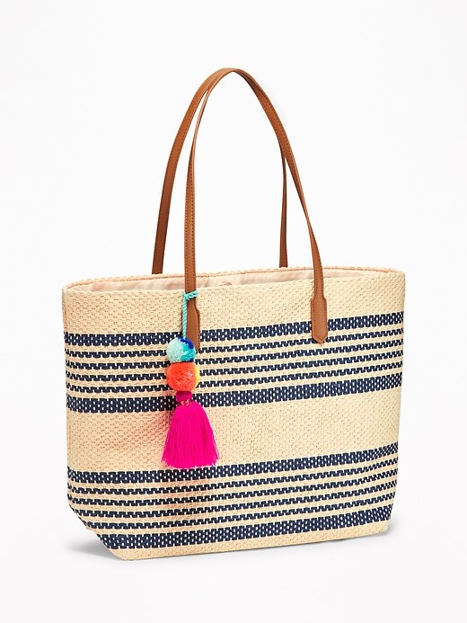 View large product image 1 of 1. Striped Straw Pom-Pom Tassel Tote for Women