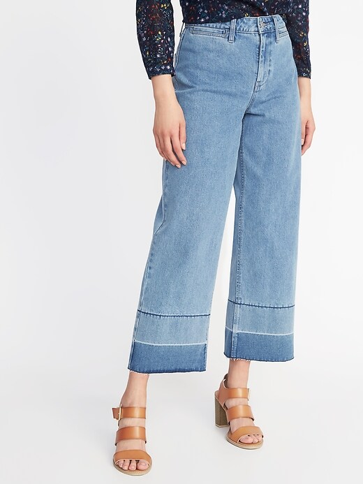 View large product image 1 of 3. High-Rise Wide-Leg Raw-Edge Jeans for Women