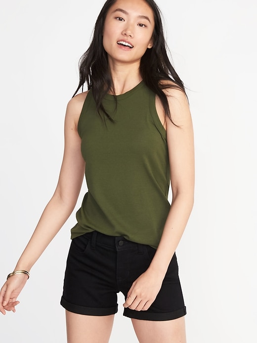 View large product image 1 of 1. Slim-Fit High-Neck Sleeveless Tee for Women
