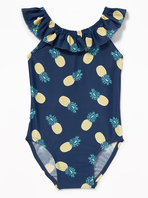View large product image 1 of 2. Printed Ruffle-Neck Bow-Back Swimsuit for Toddler Girls