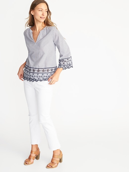 Image number 3 showing, Relaxed Bell-Sleeve Cutwork Blouse for Women