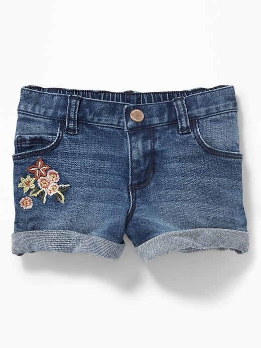 View large product image 1 of 2. Floral-Embroidered Cuffed Denim Shorts for Toddler Girls