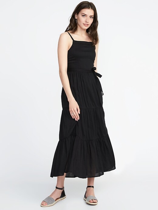 View large product image 1 of 2. Tie-Belt Sleeveless Tiered Maxi Dress for Women