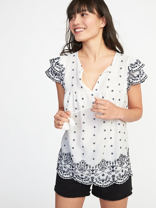Image number 1 showing, Embroidered Eyelet Linen-Blend Blouse for Women