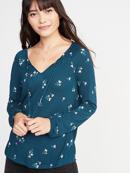 Image number 1 showing, Relaxed Tie-Neck Balloon-Sleeve Top for Women