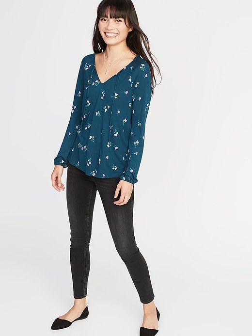 Image number 3 showing, Relaxed Tie-Neck Balloon-Sleeve Top for Women