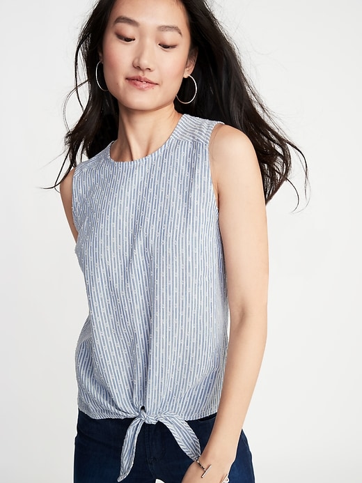 Image number 1 showing, Sleeveless Textured-Stripe Tie-Hem Top for Women
