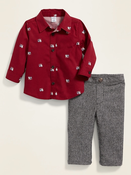 View large product image 1 of 2. Bulldog-Print Poplin Shirt and Herringbone Pants Set for Baby