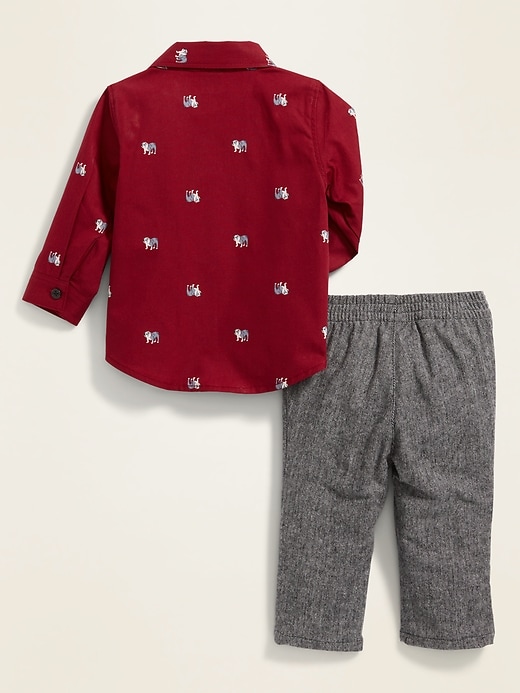 View large product image 2 of 2. Bulldog-Print Poplin Shirt and Herringbone Pants Set for Baby