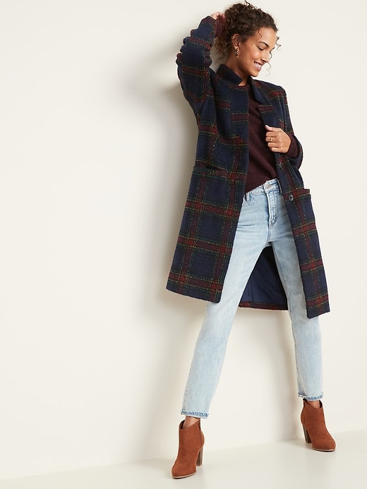 Image number 3 showing, Relaxed Soft-Brushed Plaid Long-Line Coat for Women