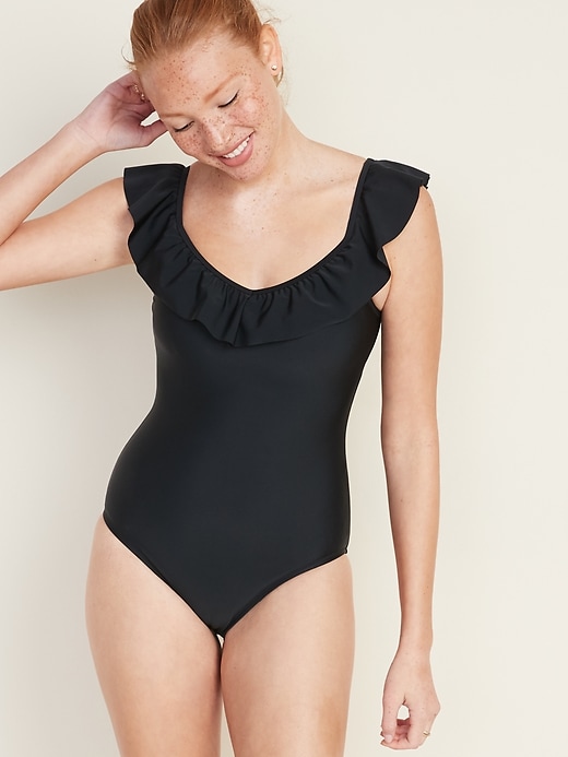 View large product image 1 of 1. Ruffled Off-the-Shoulder Swimsuit