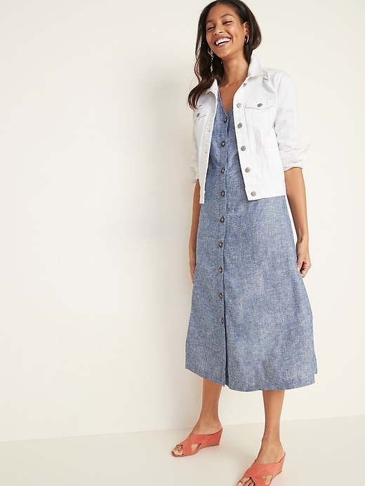 Image number 4 showing, V-Neck Button-Front Linen-Blend Fit & Flare Midi Dress for Women