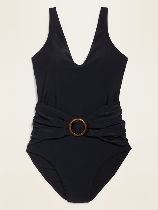 View large product image 1 of 1. Deep V-Neck O-Ring Belt One-Piece Swimsuit