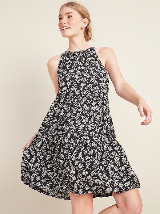 View large product image 1 of 3. Printed Tiered Sleeveless Swing Dress for Women