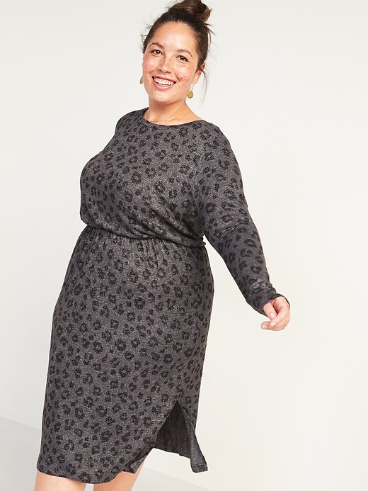 View large product image 1 of 2. Cozy Plush-Knit Waist-Defined Plus-Size Midi Dress