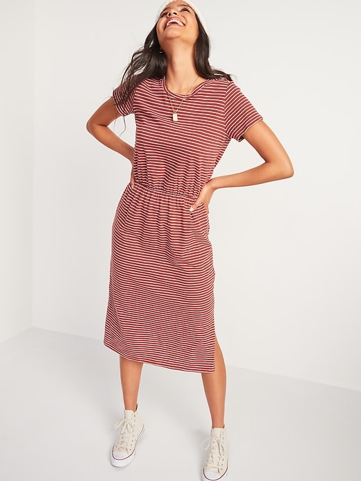 View large product image 1 of 1. Waist-Defined Slub-Knit Midi T-Shirt Dress