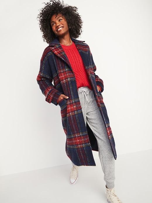Image number 1 showing, Oversized Soft-Brushed Plaid Button-Front Coat for Women