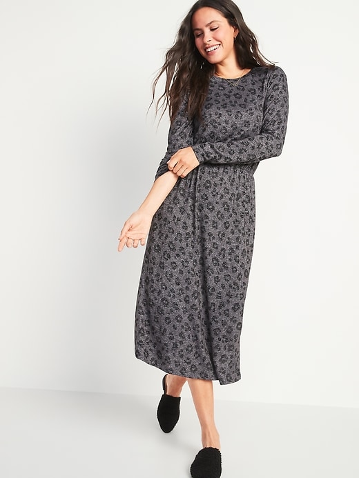 Image number 1 showing, Waist-Defined Long-Sleeve Midi T-Shirt Dress