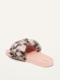 View large product image 3 of 3. Faux-Fur Leopard-Print Pool Slides for Girls