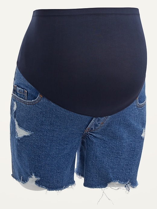 View large product image 1 of 1. Maternity Full Panel Boyfriend Ripped Cut-Off Jean Shorts -- 5-inch inseam