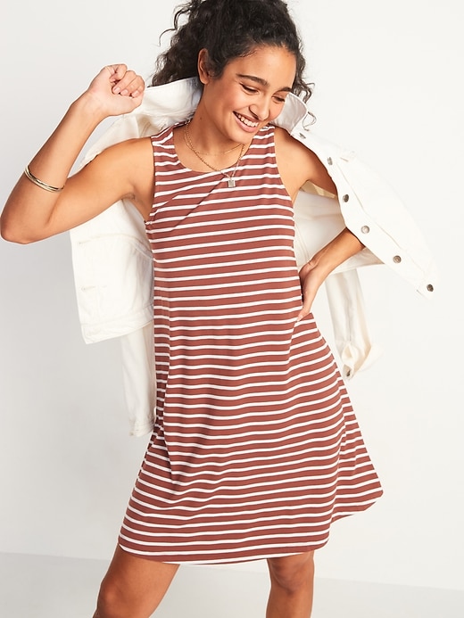 Image number 1 showing, Striped Jersey-Knit Sleeveless Swing Dress