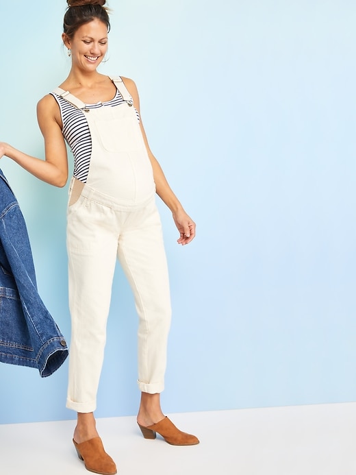 View large product image 1 of 1. Maternity Ecru-Wash Side-Panel Workwear Overalls