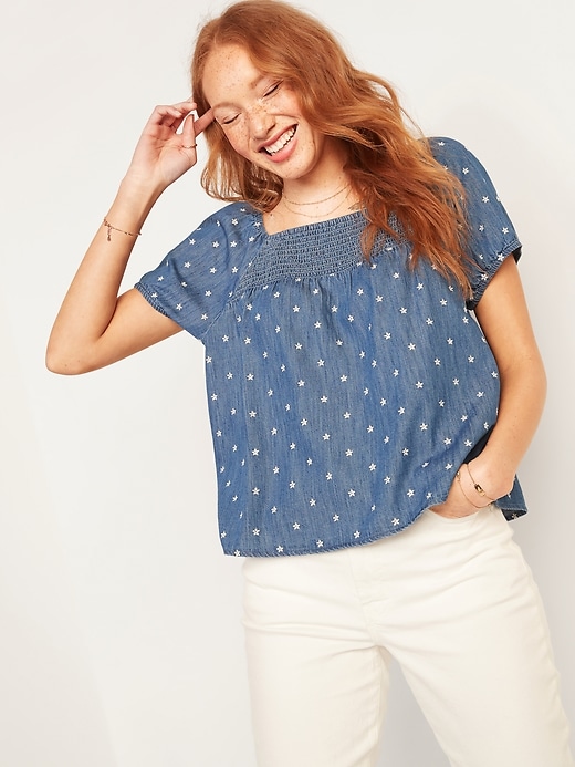 View large product image 1 of 3. Smocked-Yoke Floral-Embroidered Chambray Top
