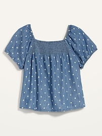 View large product image 3 of 3. Smocked-Yoke Floral-Embroidered Chambray Top