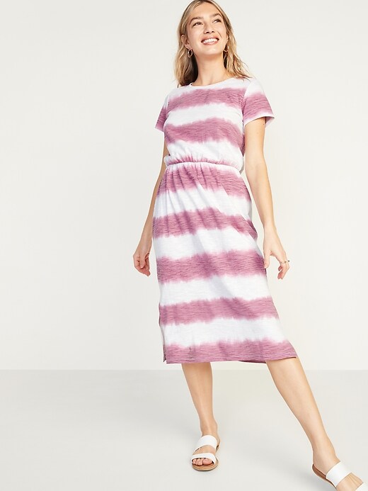 Image number 1 showing, Waist-Defined Tie-Dye Stripe Midi Dress