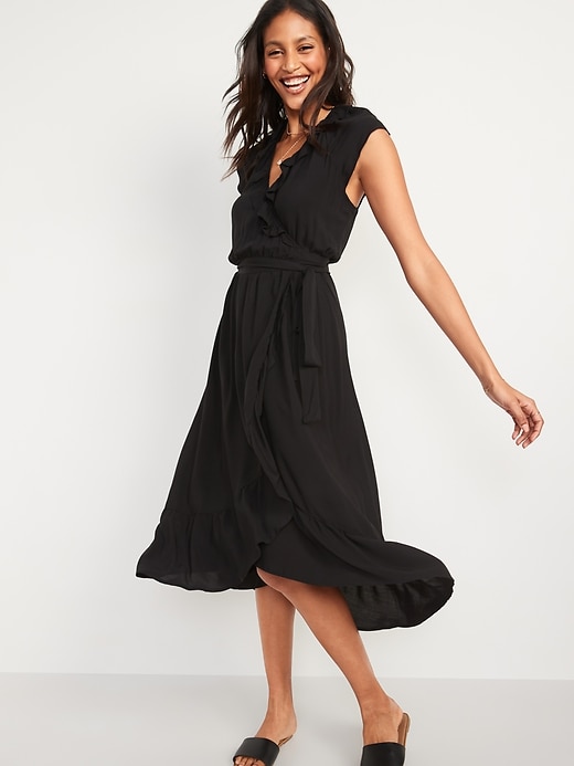 View large product image 1 of 1. Ruffled Fit & Flare Tie-Belt Midi Wrap Dress for Women
