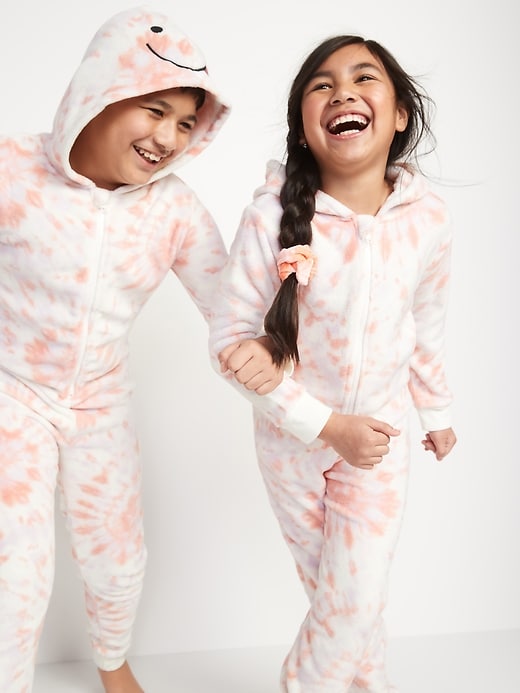 View large product image 1 of 2. Gender-Neutral Tie-Dyed Micro Fleece Hooded One-Piece Pajamas for Kids