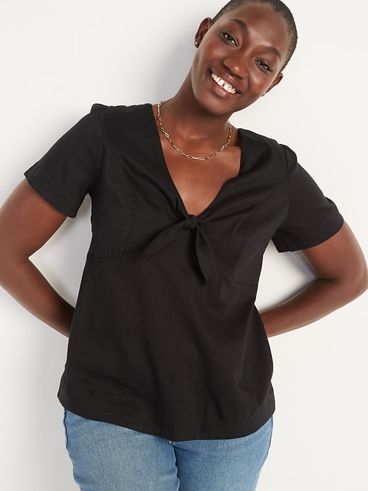 View large product image 1 of 1. Knot-Front V-Neck Short-Sleeve Top