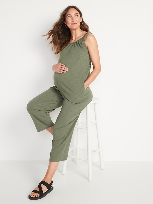 View large product image 1 of 1. Maternity Tie-Strap Slub-Knit Cami Jumpsuit