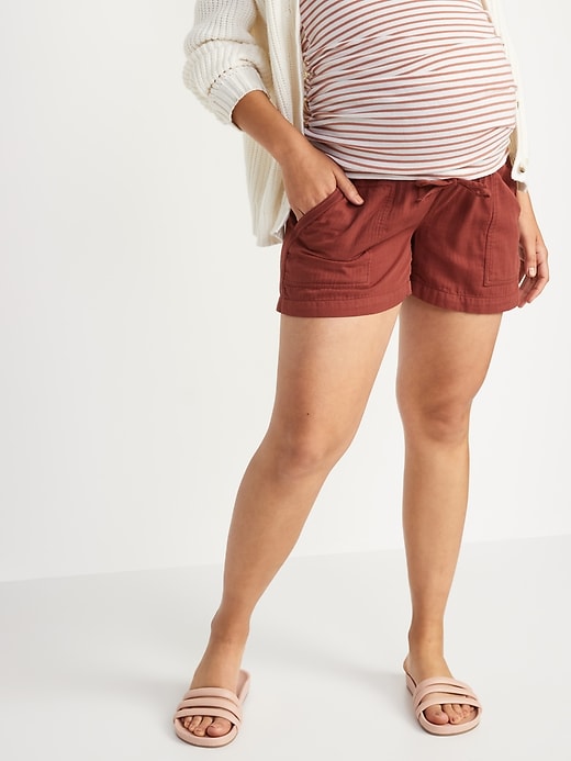 Image number 1 showing, Maternity Rollover-Waist Textured-Twill Shorts -- 4-inch inseam