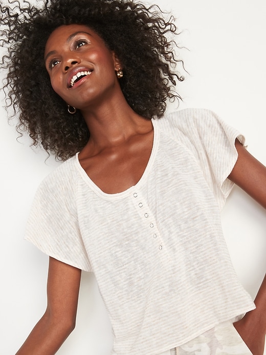 View large product image 1 of 1. Loose Linen-Blend Jersey Crop Henley T-Shirt