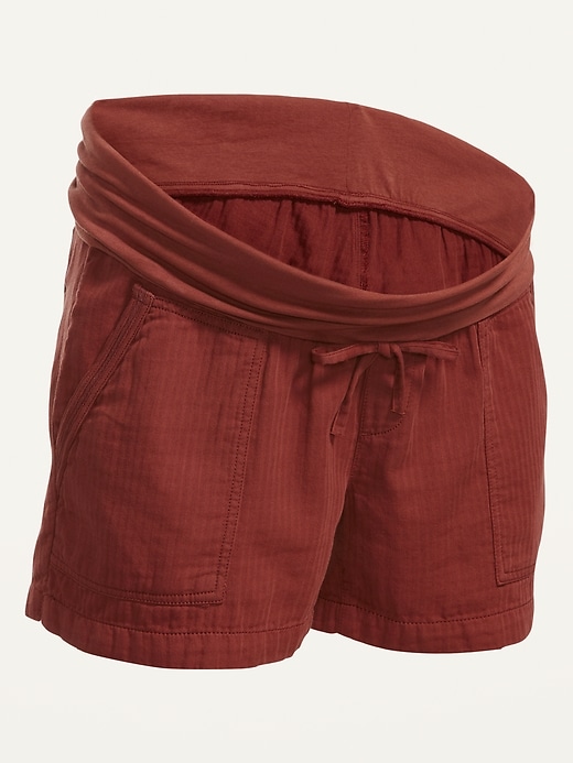 Image number 4 showing, Maternity Rollover-Waist Textured-Twill Shorts -- 4-inch inseam