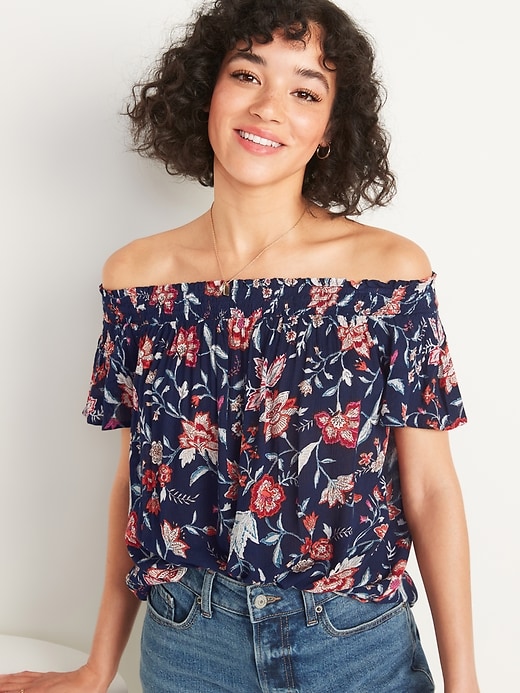 View large product image 1 of 2. Floral-Print Off-the-Shoulder Crinkle-Crepe Blouse